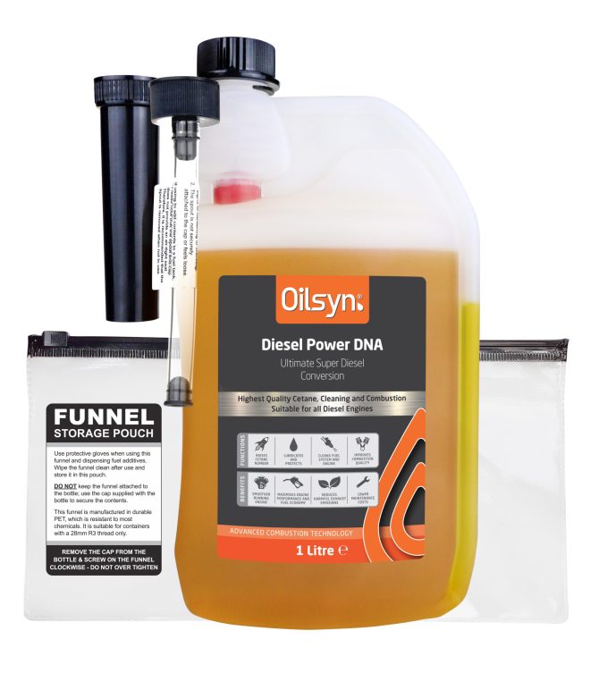 Diesel Power DNA_1L_(ENG)_Front with Both Spouts, Pouch & Label