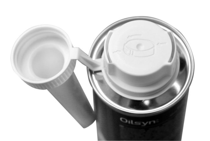 White Funnel for Oilsyn CarbonCode Diesel Doctor attached to can